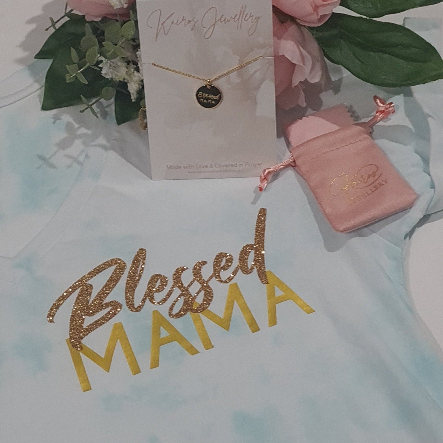 Blessed Mama Shirt and Necklace Bundle - Blue